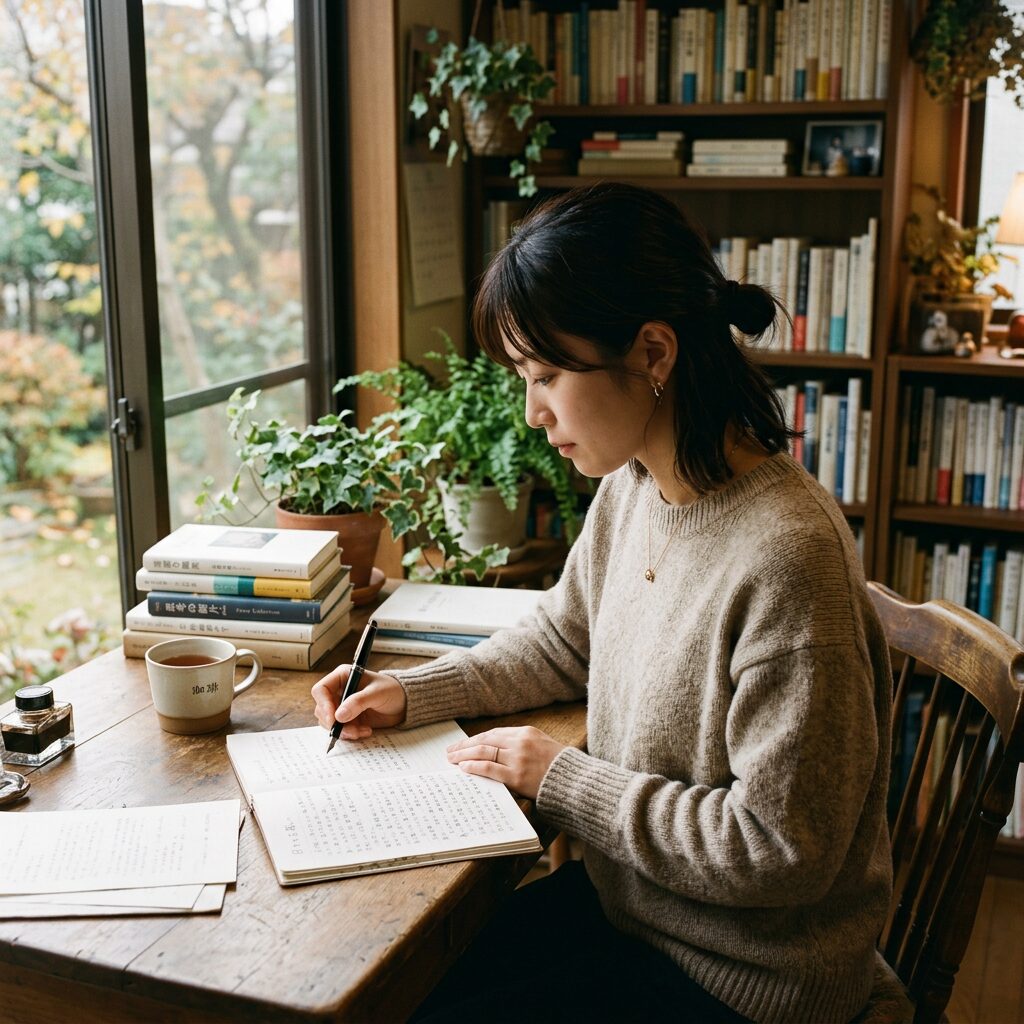 Young woman writing in a notebook at a wooden desk near a window with plants and books.