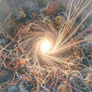 Glowing light at center surrounded by tangled colorful yarn threads swirling inward