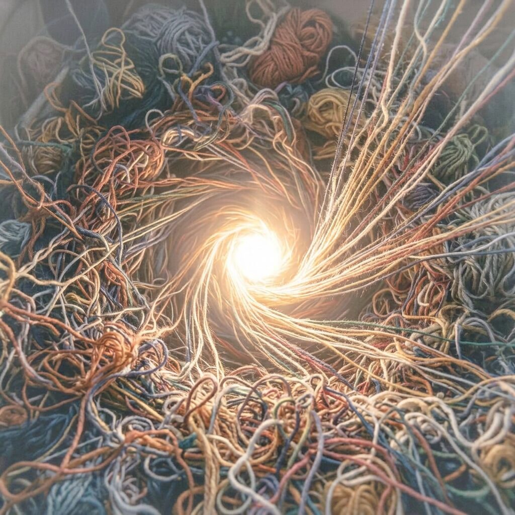 Glowing light at center surrounded by tangled colorful yarn threads swirling inward